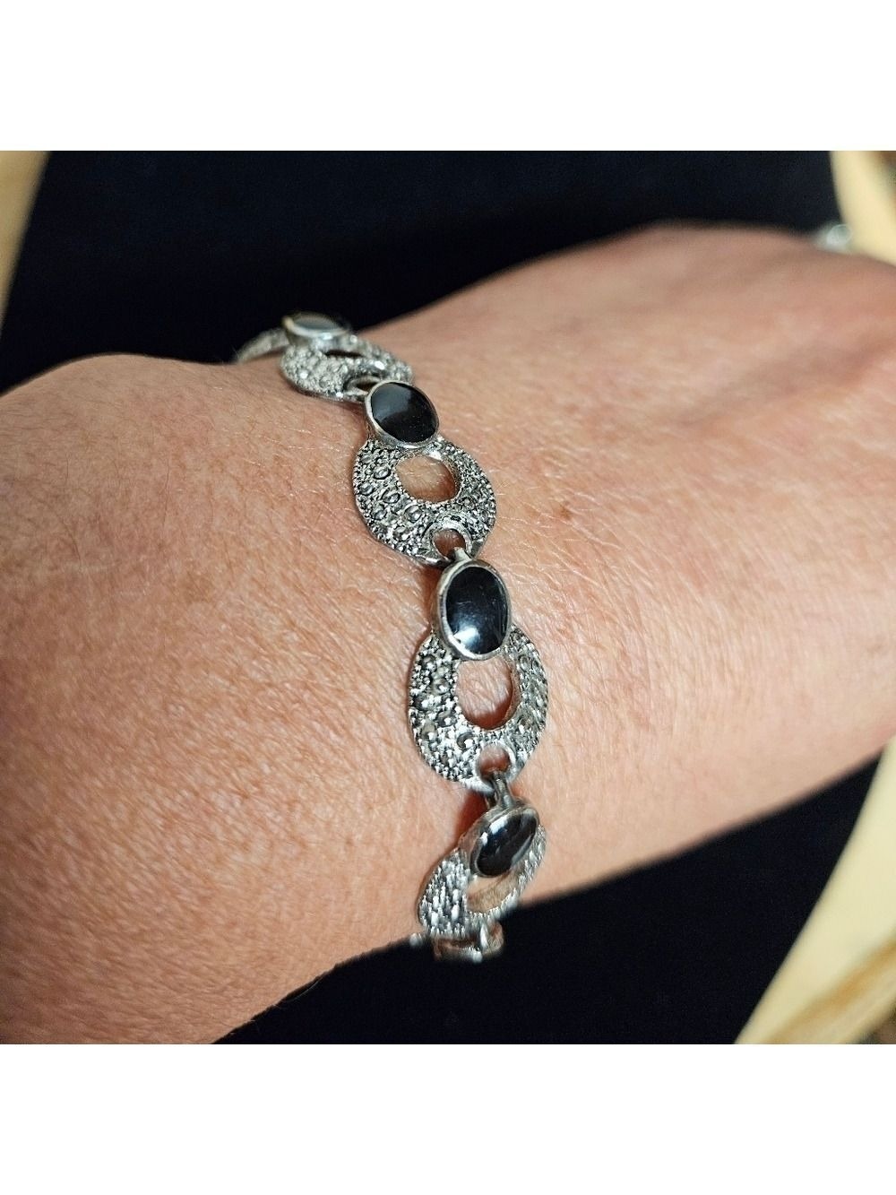 Vintage Sterling Silver and Onyx Bracelet